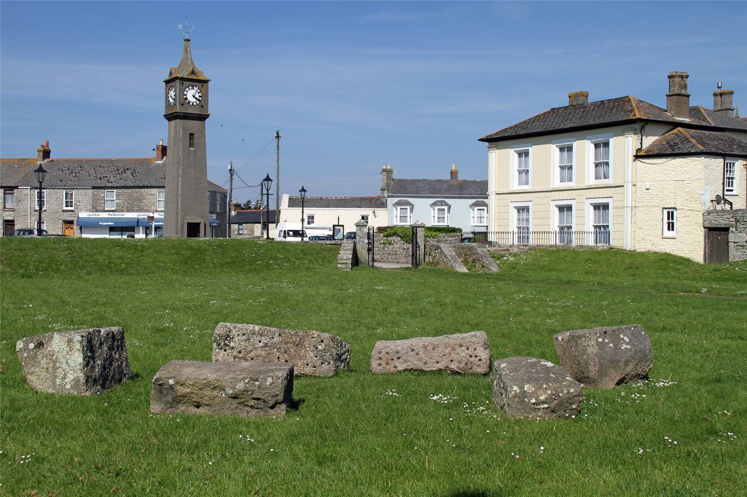 Lebanon Cottage Plen an Gwarry and clock tower behind