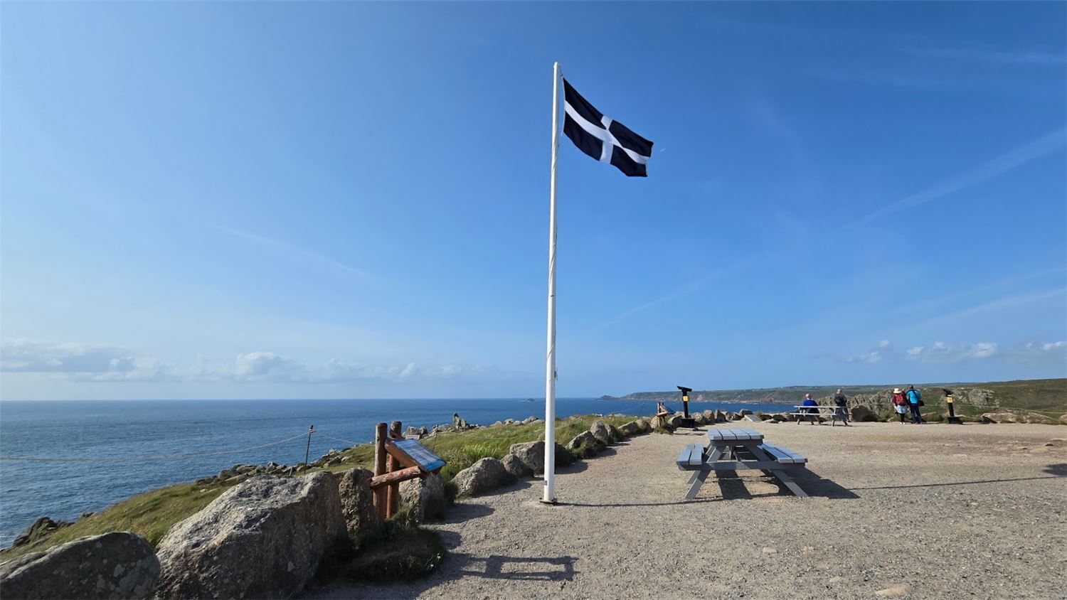 Land's End Cornwall, a Cornish flag with Cape Cornwall in the background